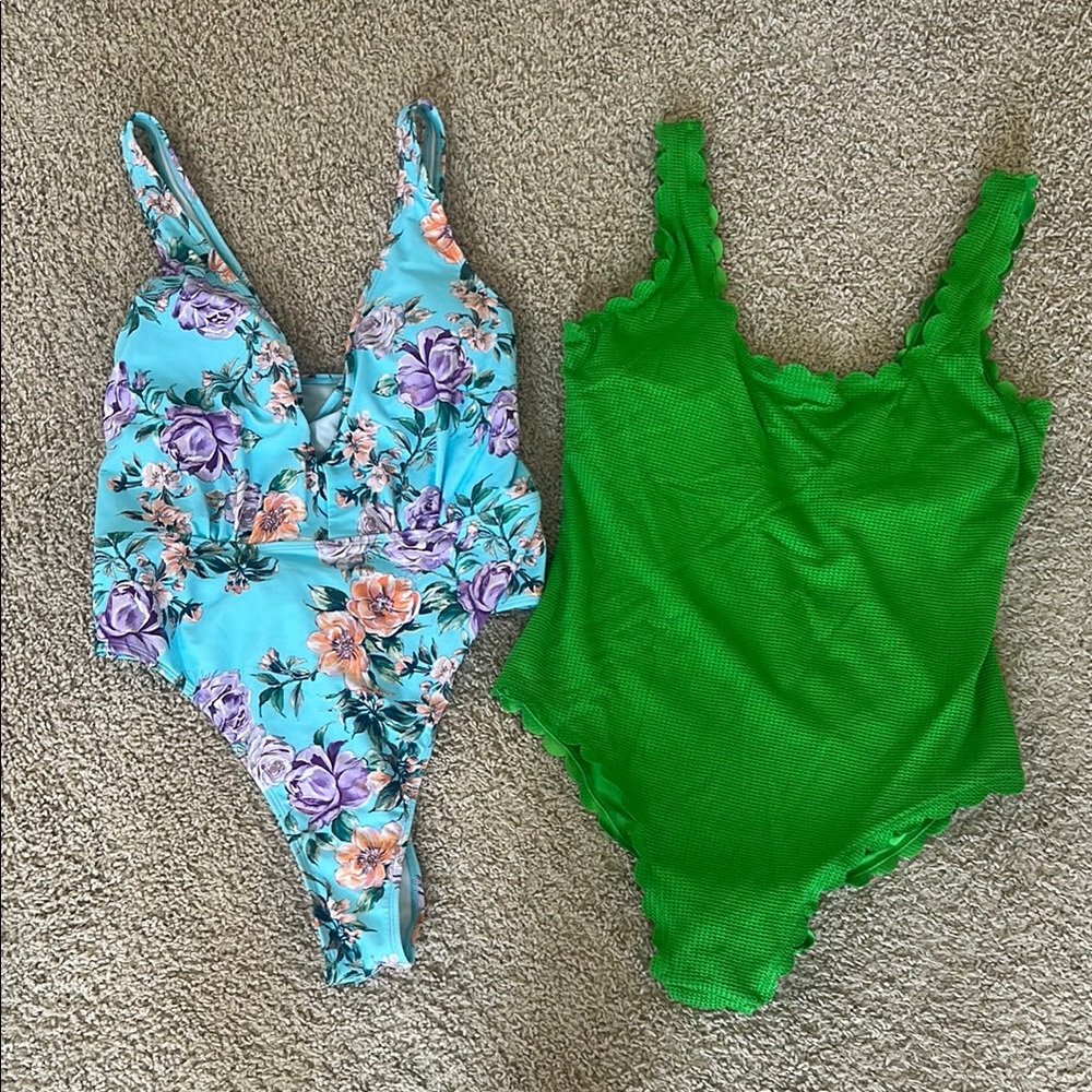Aerie Green Scalloped & Floral Cupshe One Pieces